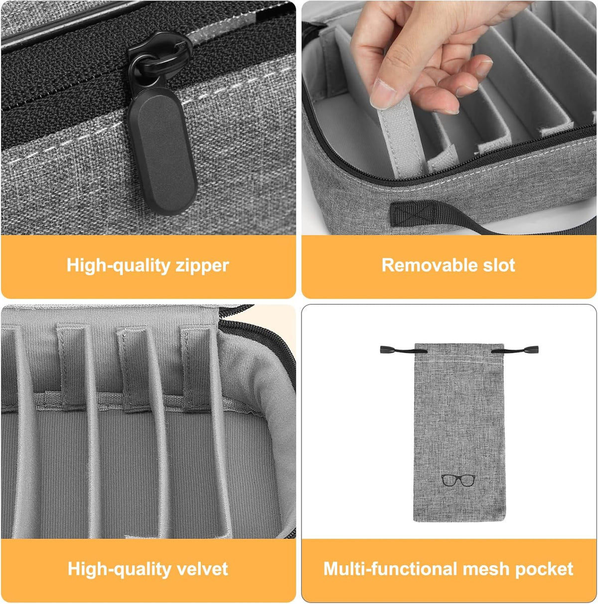 Sunglasses Travel Organizer Case for Multiple Pairs, 8 Adjustable Slots Eyeglasses Glasses Organizer Case with Soft Sunglasses Bag Pouch, Portable Sunglass Storage Box for Men and Women - Grey