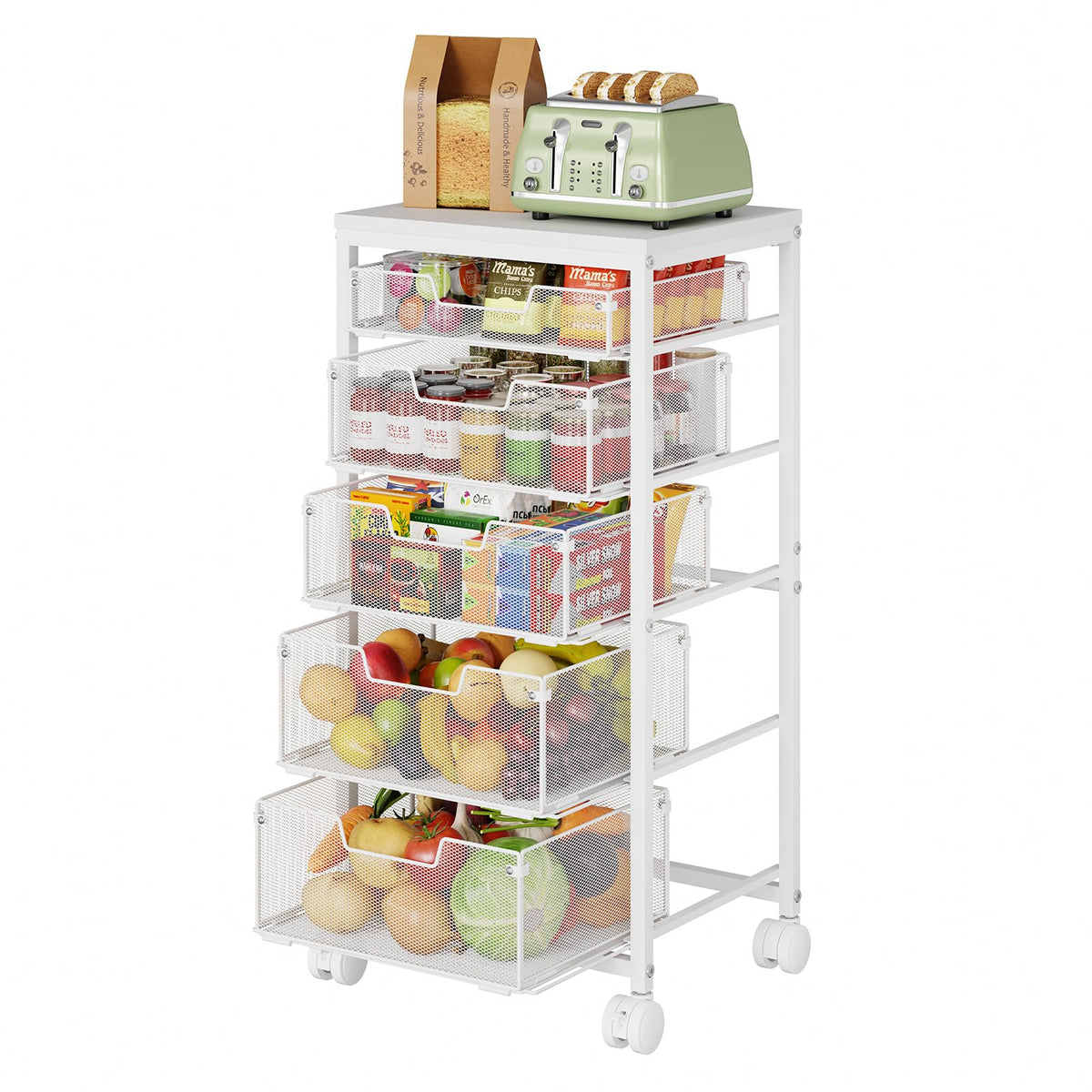 4-Tier Fruit Vegetable Storage Cart - Kitchen Organizer and Storage Cart with Wheels, Wooden Top Metal Wire Fruit Vegetable Rack Stand with Drawers to Storage Cans Snacks for Kitchen(Patent Pending)