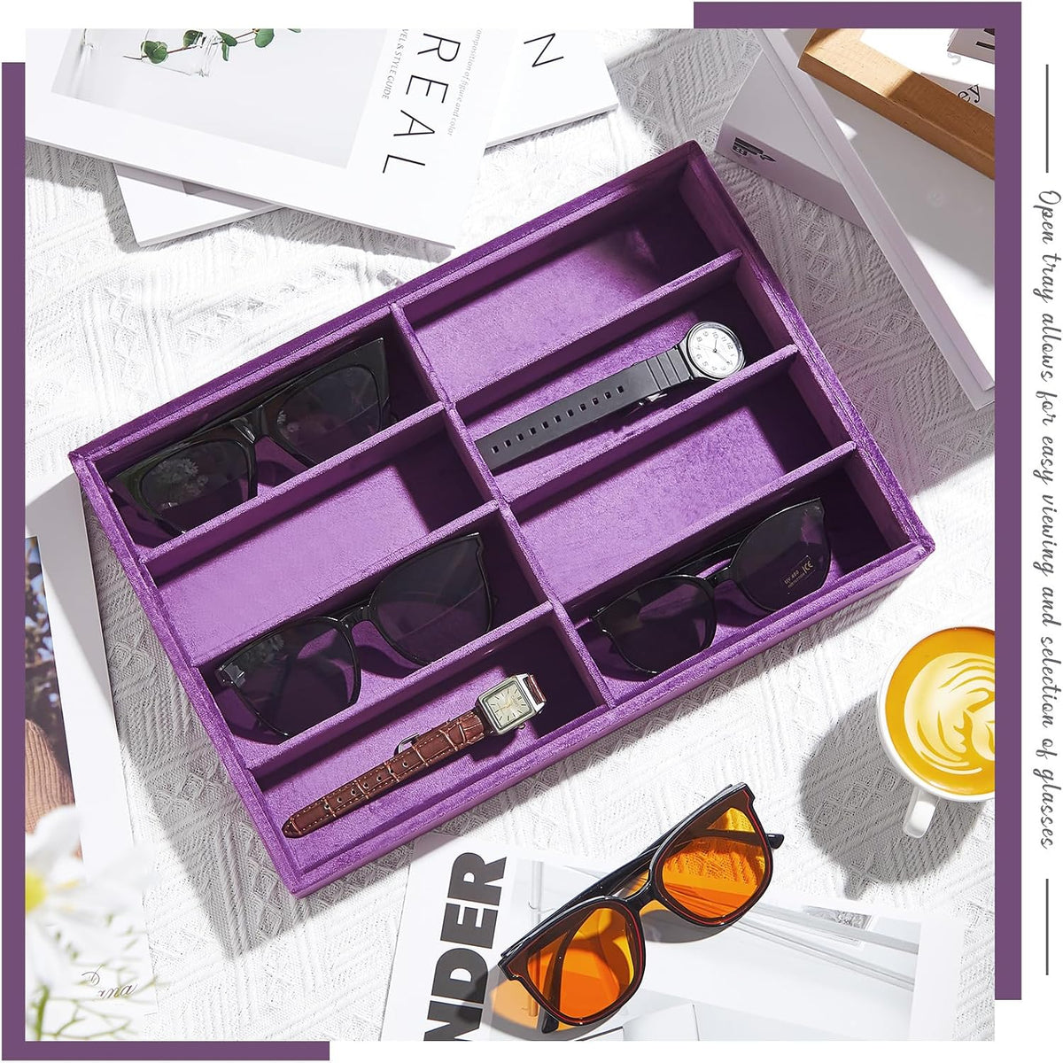 Amylove 2 Pack Sunglasses Organizer Tray Velvet Holder,8 Grids,Purple