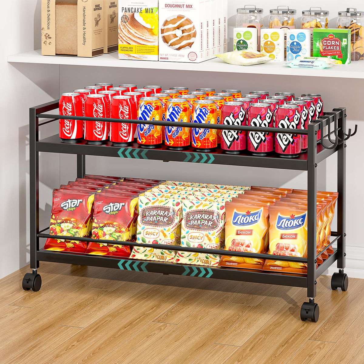 3-Tier Expandable Rolling Pantry Organizers and Storage Cart with Wheels, Adjustable Pantry Floor Organizer, Snack Cart for Pantry, Kitchen Storage Cart with 4 Hooks for Snack, Food, Vegetables, Black