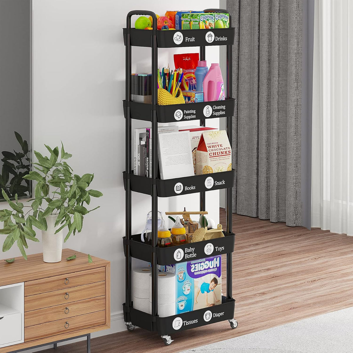 5 Tier Rolling Cart with Wheels,Utility Storage Carts,Black