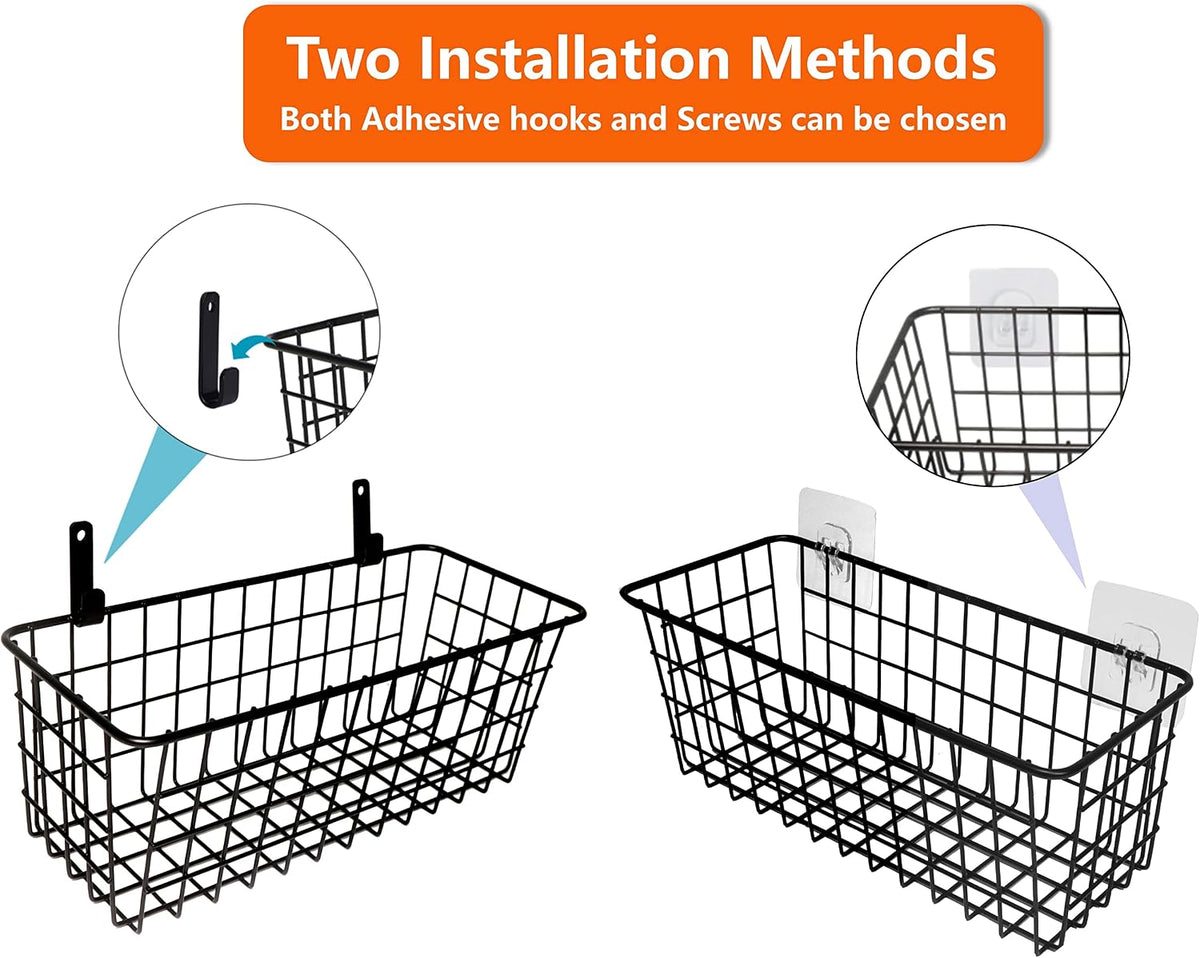 Joben Oligey 3 Set Hanging Wire Baskets ,Wall Mount Fruit Basket,No Drilling,Adhesive Small Metal Basket,Farmhouse Food Storage Mesh Bin Kitchen Pantry Laundry Bathroom Closet Garage RV ,Black