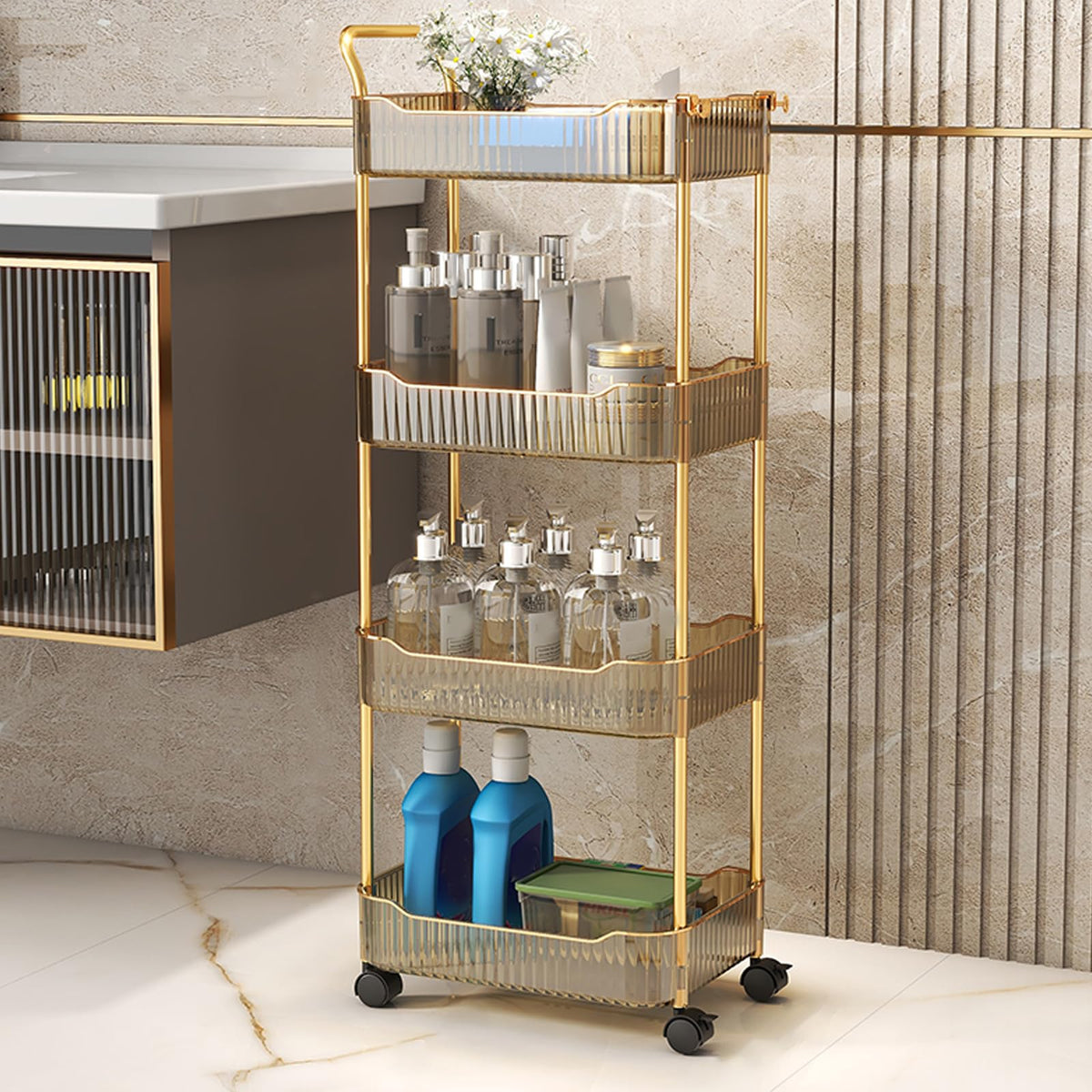 Acrylic Storage Trolley, Bathroom Kitchen Rolling Utility Cart Mobile Organization Shelves with Handle and Lockable Wheel(Gold,2 Tier)
