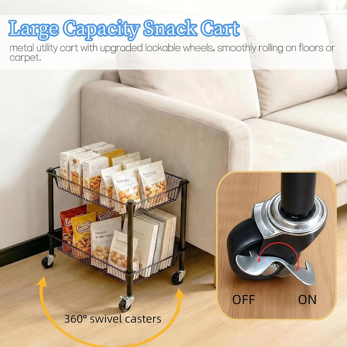 2 Tier Rolling Pantry Cart on Wheels Thick Metal Pantry Floor Organizer Small Utility Cart for Small Space, Fruit Vegetables Rack for Kitchen, Under Desk Storage Onion Potato Storage Basket, Black