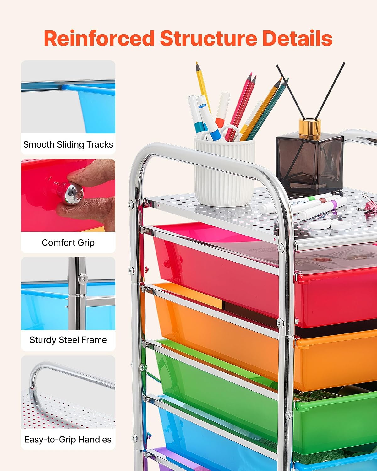 VEVOR Rolling Cart with Drawers, 10 Drawer Storage Organizer, Mobile Utility Cart with Steel Frame, Universal Casters & 2 Brakes, Great for Office, Classroom, Craft Tools, Garage, Studio, Rainbow