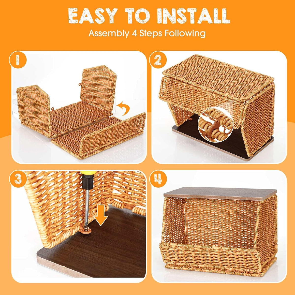 FoldTier 2 Pcs Stackable Wicker Fruit Basket with Wood Lid for Kitchen Desk