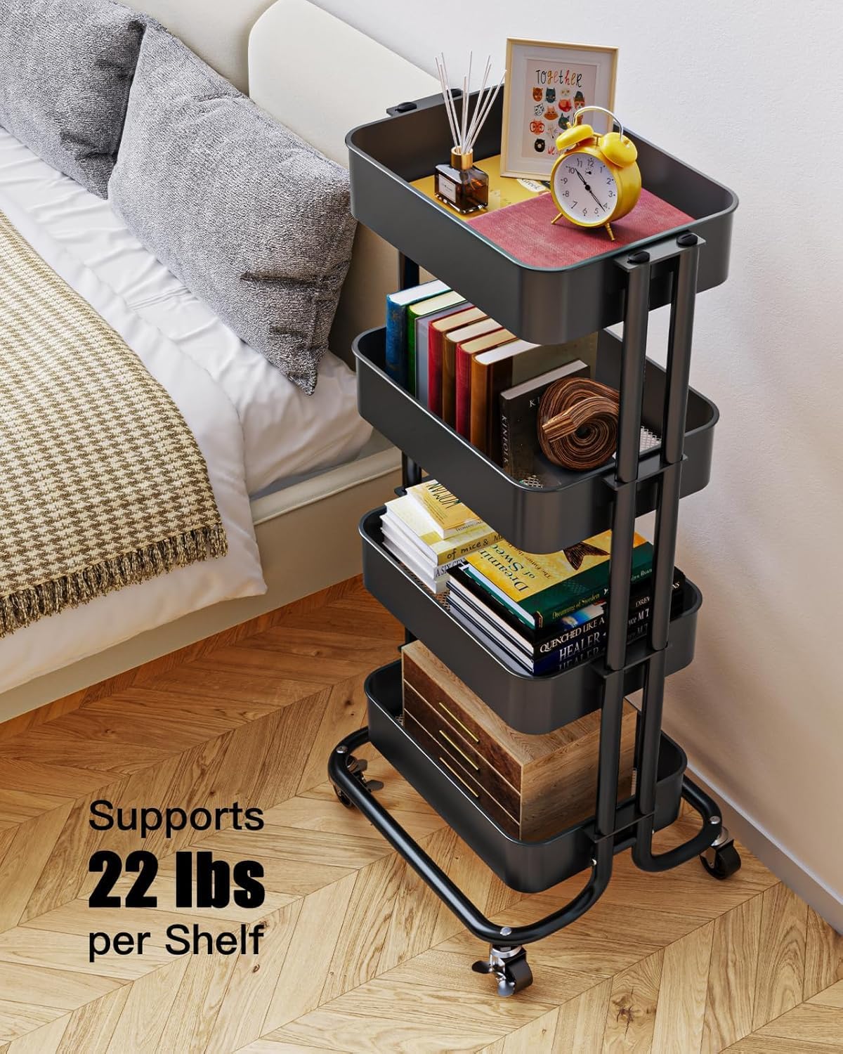 Pipishell 4 Tier Metal Rolling Utility Cart with 2 Lockable Wheels, Black