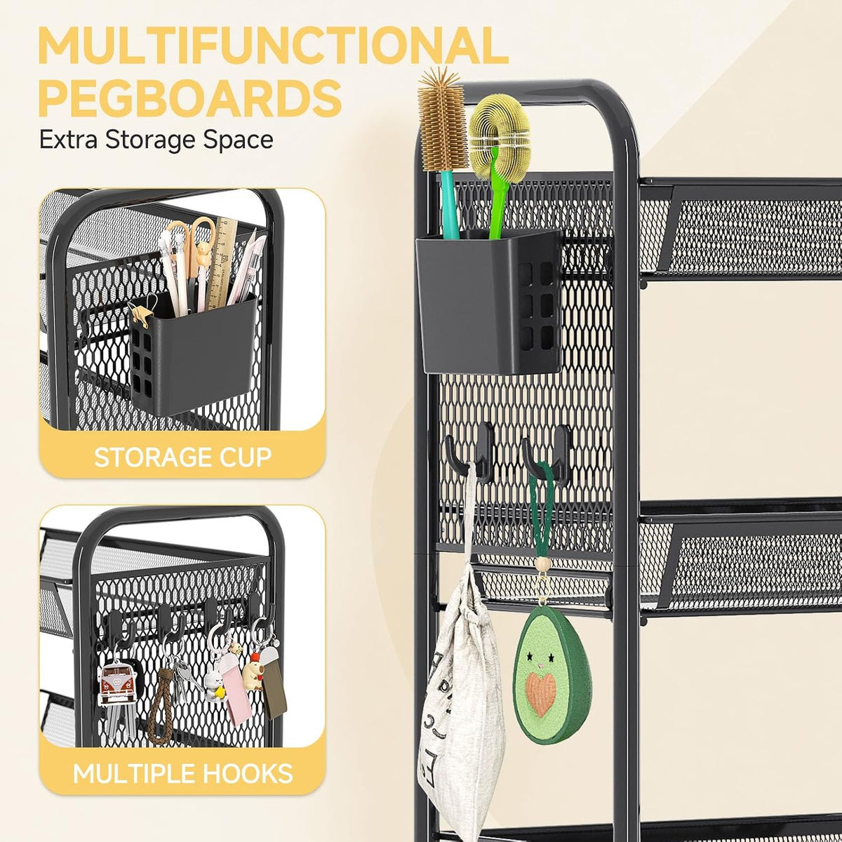 KINGRACK 4 Tier Rolling Cart, Metal Utility Storage Cart with Pegboard