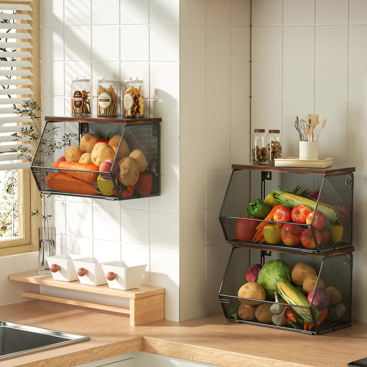 Stackable Fruit Basket for Kitchen Countertop Space Saving, Wall Mounted Mesh Metal Wire Baskets with Wood Lid Extra Storage, 2 Pack Kitchen Counter Organizer for Snack, Onion and Potato Storage