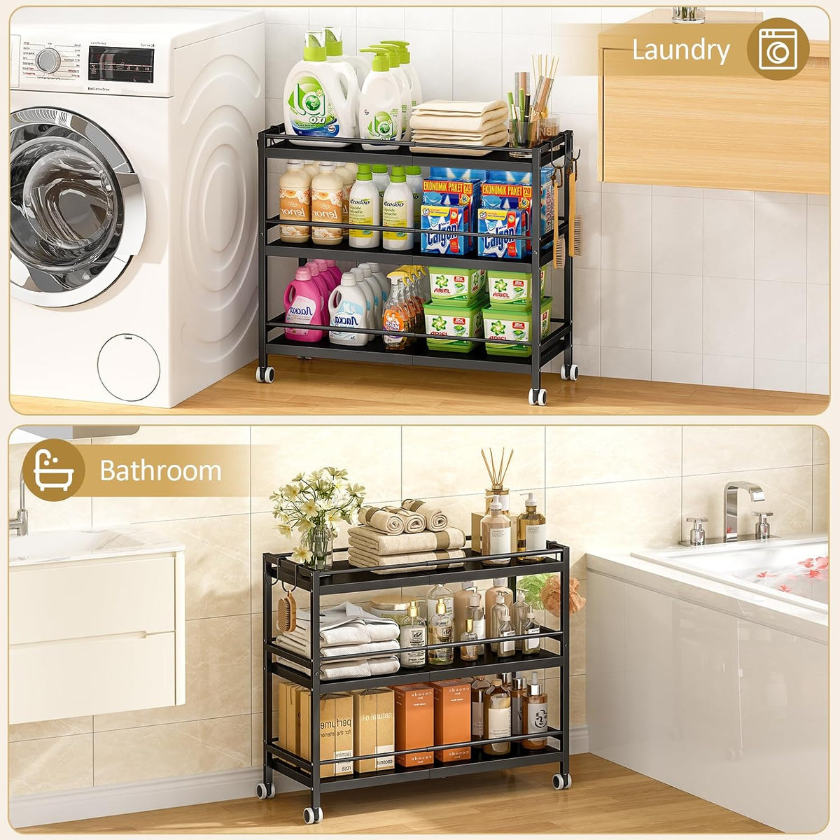 3-Tier Expandable Rolling Pantry Organizers and Storage Cart with Wheels, Adjustable Pantry Floor Organizer, Snack Cart for Pantry, Kitchen Storage Cart with 4 Hooks for Snack, Food, Vegetables, Black