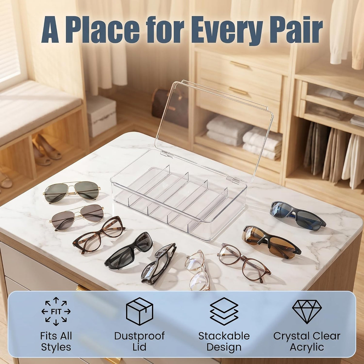 2 Pack Clear Acrylic Sunglasses Organizer, Stackable Eyeglass Storage Box with Hinged Lid, 5 Divided Compartments Each, Eyewear Display Case for Closet, Vanity, Dresser, Desk