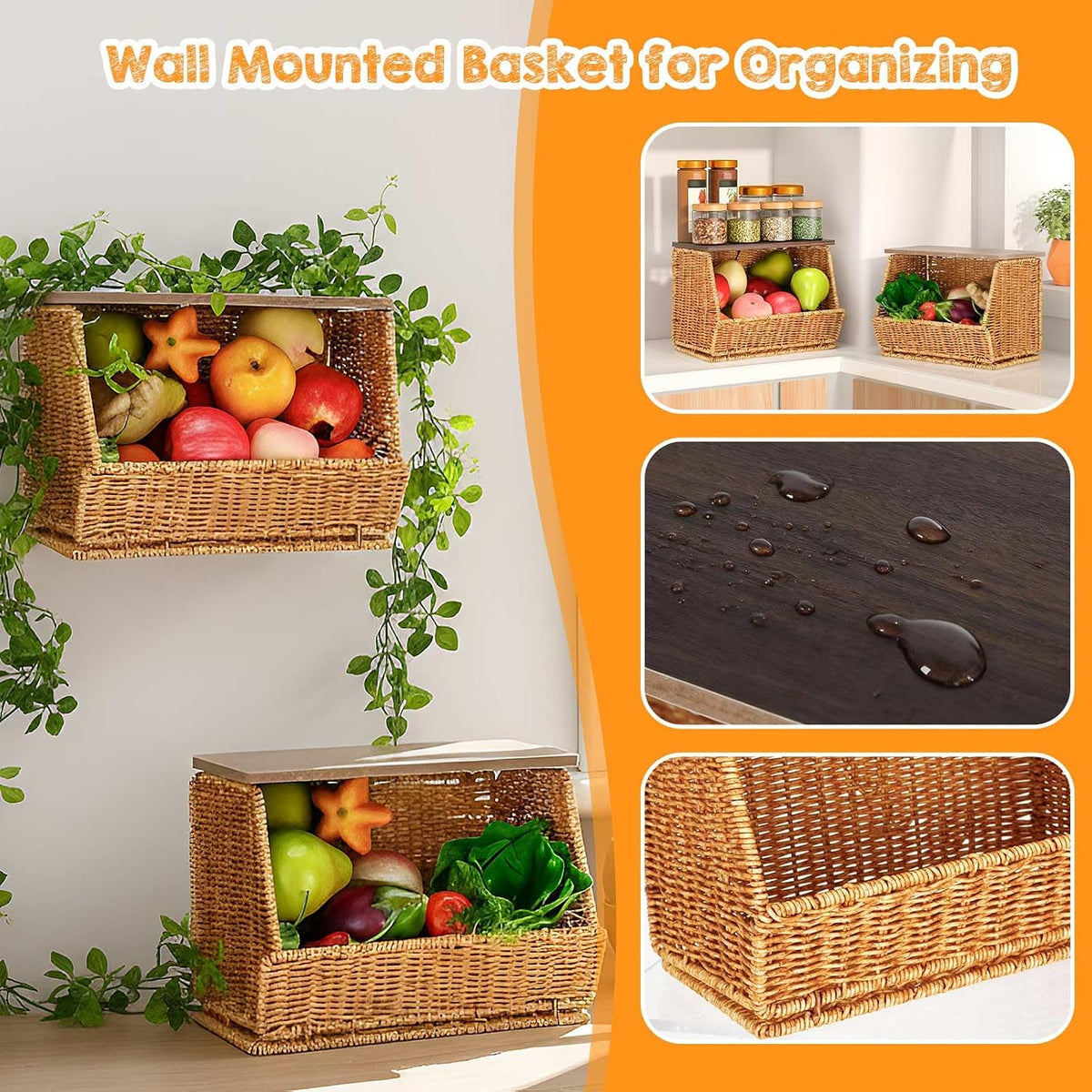 FoldTier 2 Pcs Stackable Wicker Fruit Basket with Wood Lid for Kitchen Desk