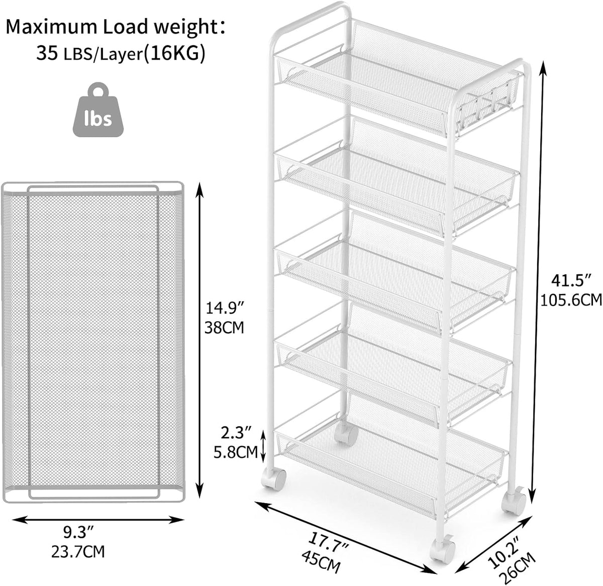 JANE EYRE 5-Tier Rolling Utility Storage Rack Cart on Wheels, Trolley Craft cart, Multi-Purpose Organizer Shelf, White