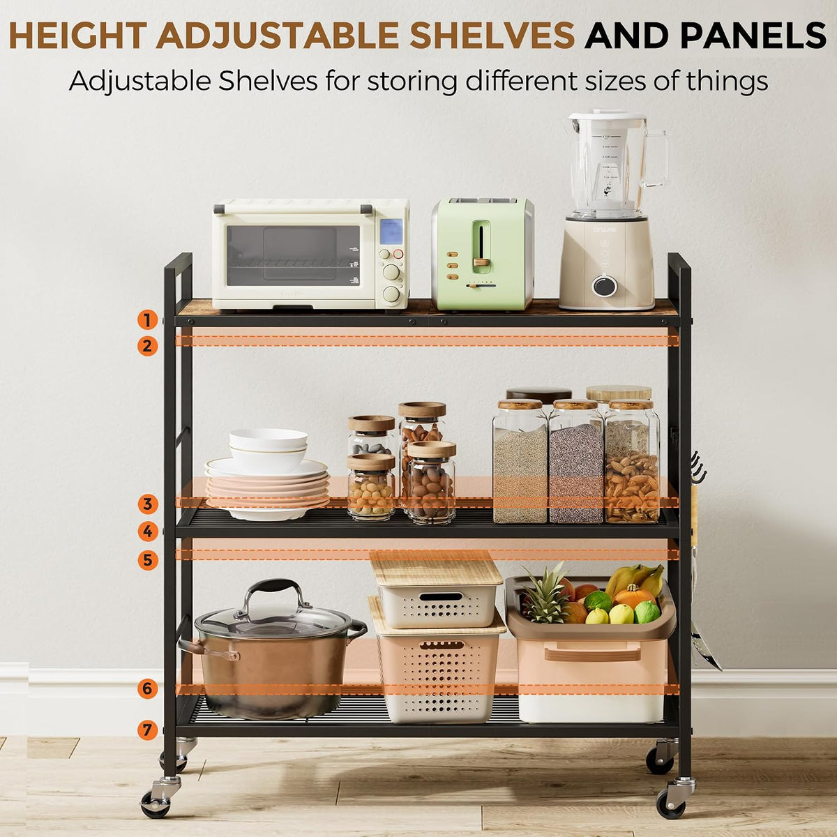 3-Tier Metal Storage Rack with Industrial Wheels,Mesh Shelving Unit with Wooden Table top,Adjustable Shelf,31.5-Inch Width, for Kitchen, Laundry,Pantry,Plant,Black
