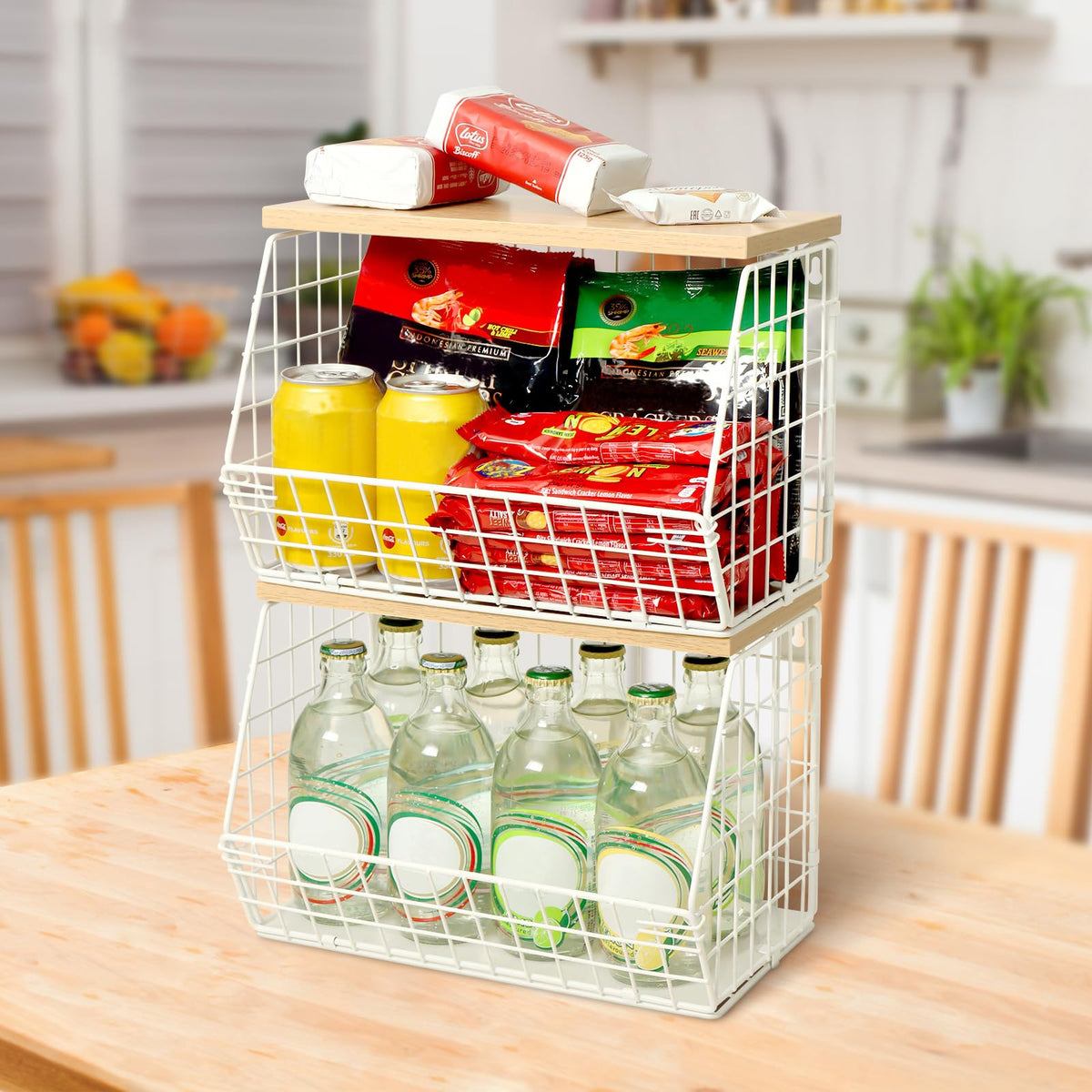 Mefirt 2pcs Fruit Basket Kitchen Storage Basket with Wood Lid