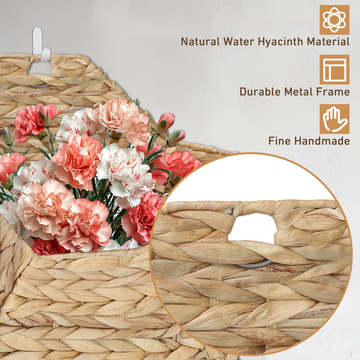 Wall Mounted Storage Baskets, 2PCS Handmade Water Hyacinth Storage Baskets Wall Hanging Organizing Container for Living Room,Bedroom,Kitchen (Large+Small)