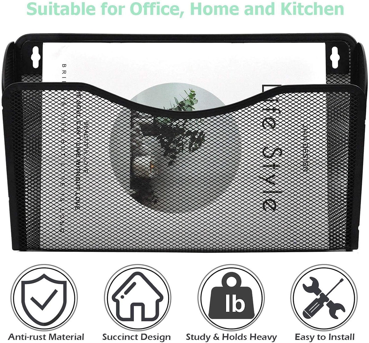 EASEPRES 3 Single Pocket Mesh Hanging File Organizer, Vertical Wall Mounted Magazine File Holder, Mount Basket Mail Paper Document Folder Organizing for Office, Home and School, Black