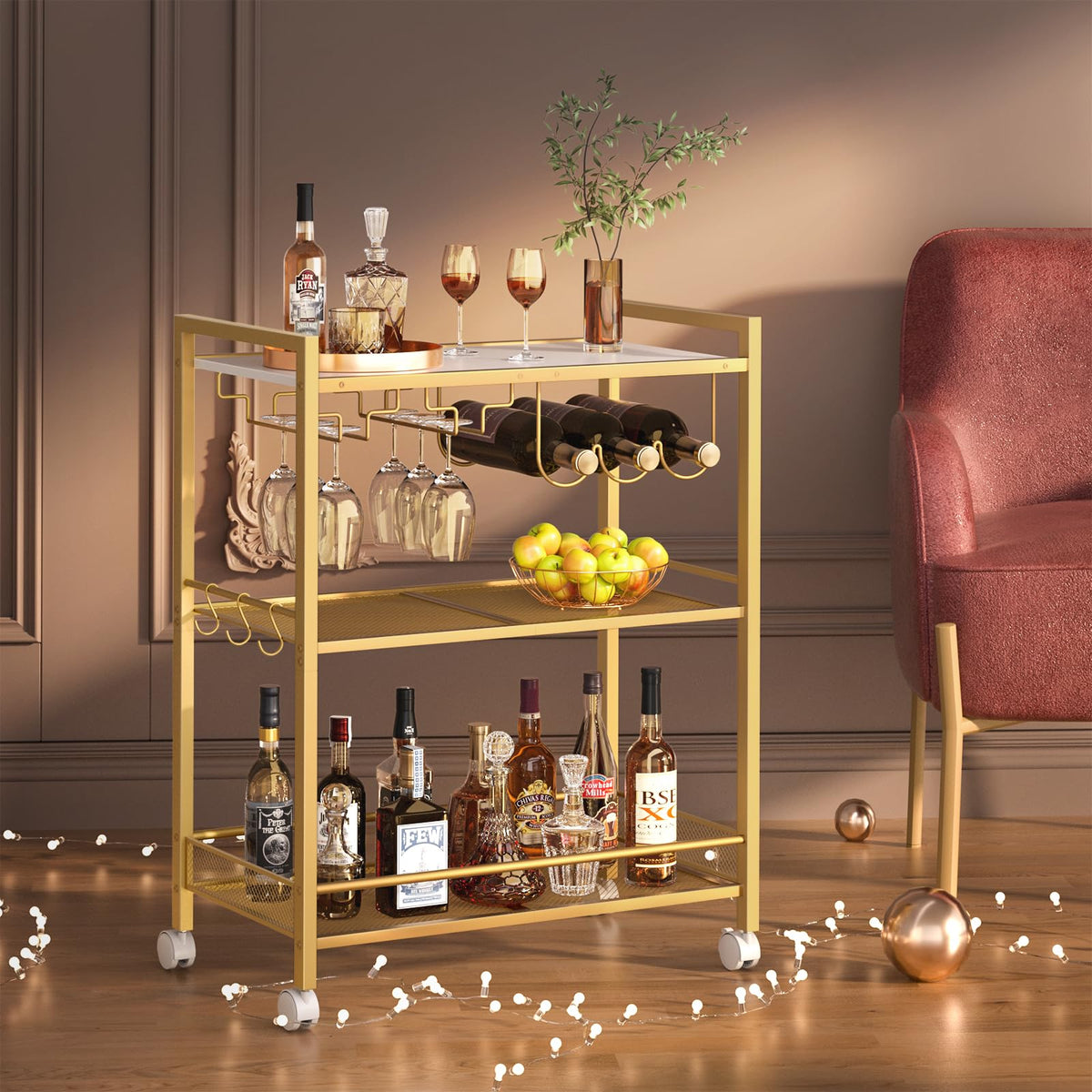 Joaxswe Bar Cart,2-Tier Home Bar Serving Cart with Lockable Wheels,White