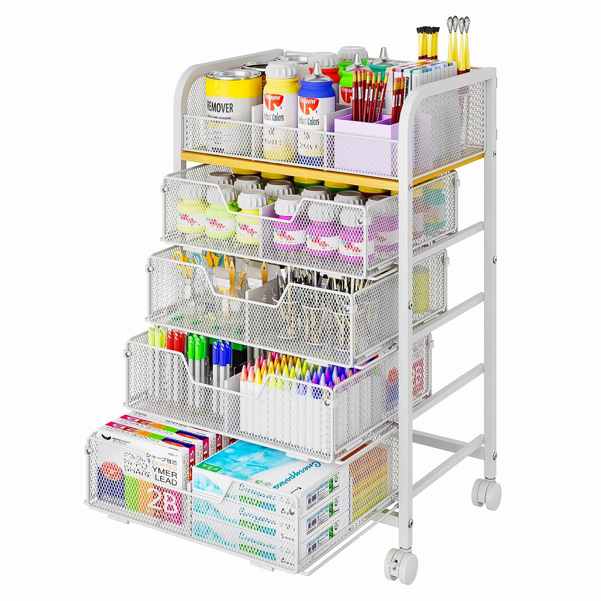4-Tier Rolling Utility Cart with 3 Drawers-Craft Organizers and Storage with 360° Lockable Wheels,Art Supply Storage Organizer for Art Supplies, Store for Brushes & Paints & Artifacts Patent Pending