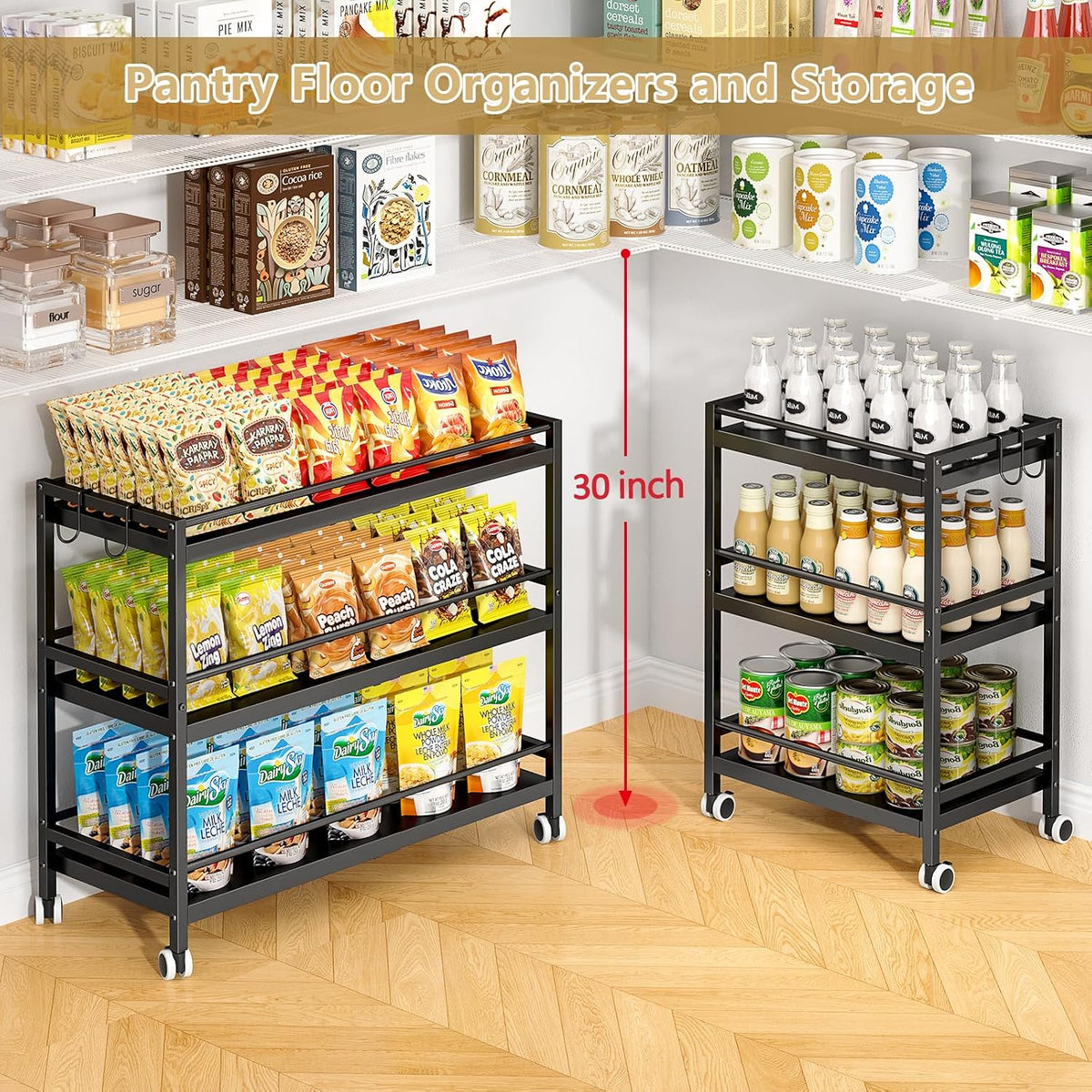 3-Tier Expandable Rolling Pantry Organizers and Storage Cart with Wheels, Adjustable Pantry Floor Organizer, Snack Cart for Pantry, Kitchen Storage Cart with 4 Hooks for Snack, Food, Vegetables, Black