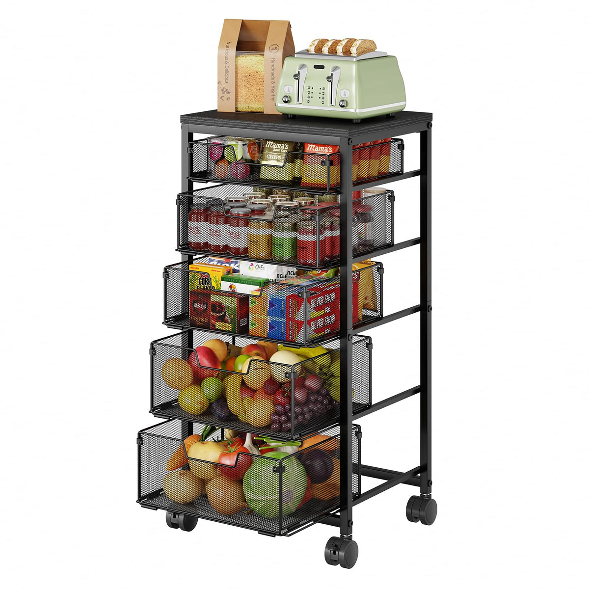 4-Tier Fruit Vegetable Storage Cart - Kitchen Organizer and Storage Cart with Wheels, Wooden Top Metal Wire Fruit Vegetable Rack Stand with Drawers to Storage Cans Snacks for Kitchen(Patent Pending)