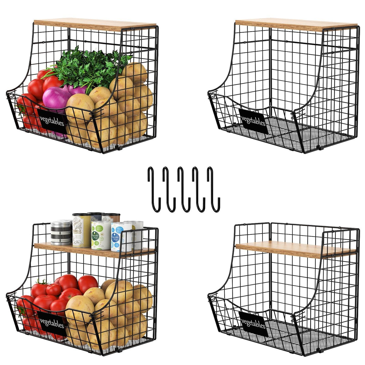 3 Pack Extra Large Fruit Basket for Kitchen with Wood Lid Nameplate - Counter&Wall Mounted Onion and Potato Storage Bin, Stackable Metal Hanging Wire Baskets,15.74 * 8.66 * 10.63 inch