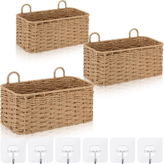 3 Pcs Wall Hanging Baskets,Rectangle,Natural Tan,Paper Cord