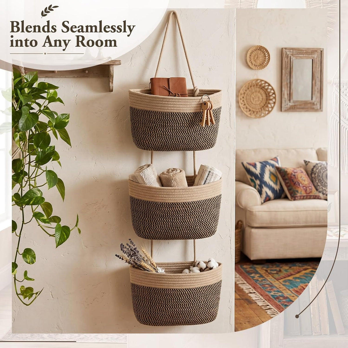 Novabright 3-Tier Hanging Basket Wall Mounted Woven Organizer, Boho Storage