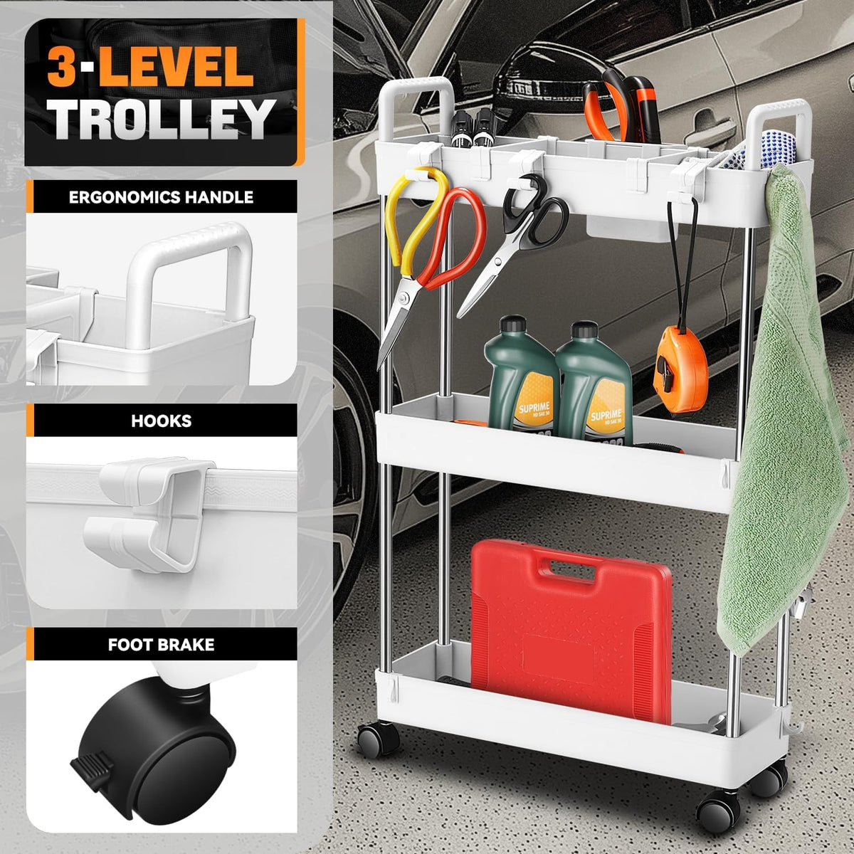 Auto Dynasty 3-Tier Rolling Utility Cart w/Handle, Narrow Storage, White