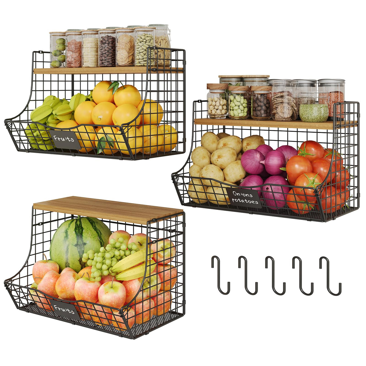 3 Pack wire Fruit Basket for Kitchen with Wood Lid - Counter&Wall Mounted Onion and Potato Storage with Nameplate, Hanging Baskets for Vegetable,11.81 * 10.63 * 8.66 Inch