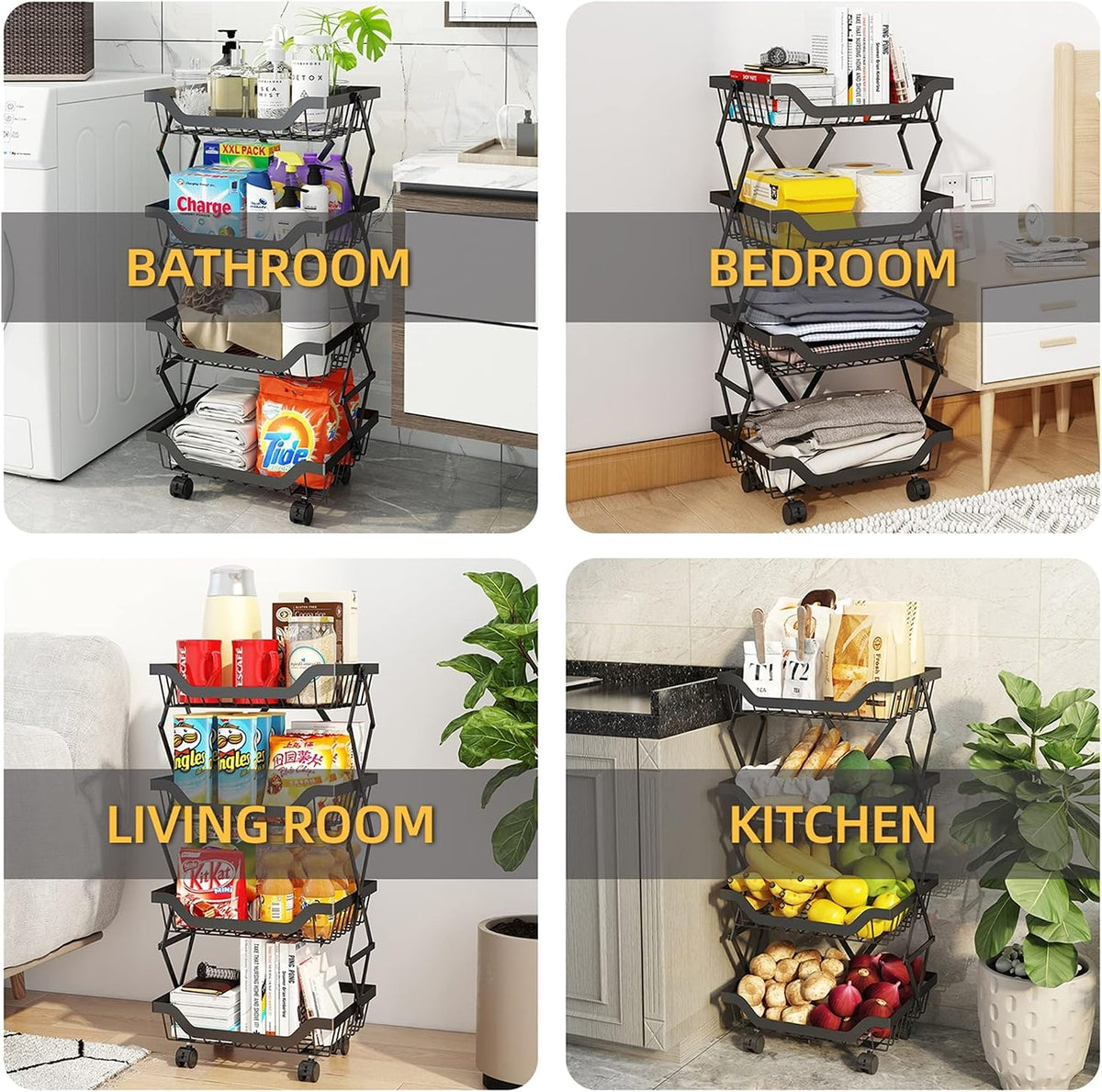 4-Tier Rolling Pantry Floor Organizer with Wheels, Foldable Fruit Vegetable Storage Cart, Metal Wire Pantry Basket, Kitchen Fruit Basket Stand, Vegetable Storage Rack for Fruits Snack Onion Potato