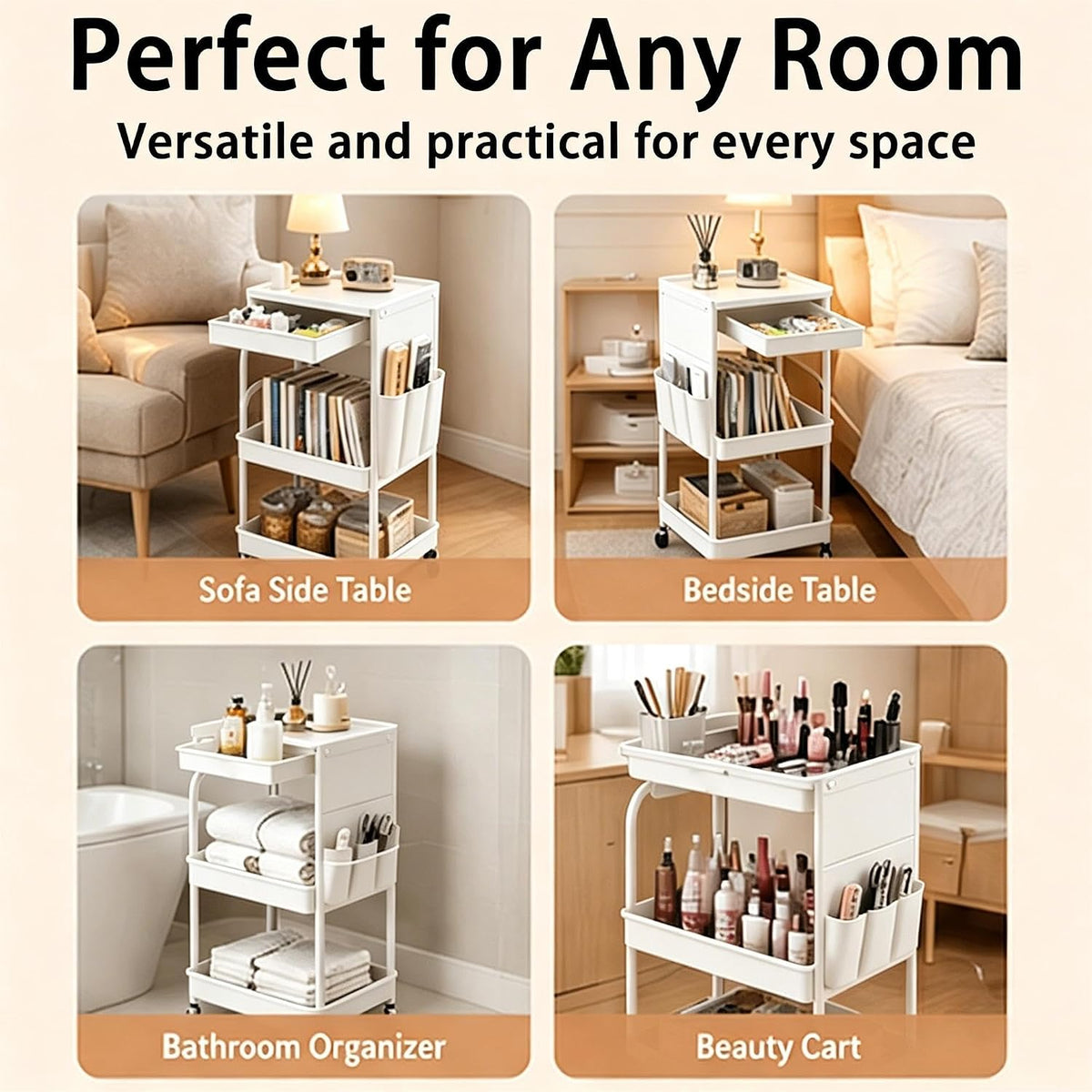 BLULEE 3-Tier Rolling Storage Cart with Pull-Out Drawer & Side Organizer