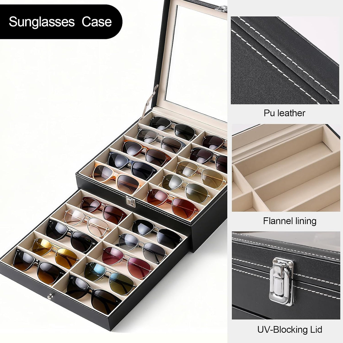 20 Slots Sunglasses Storage Jewelry Box, PU Leather Large Sunglasses Organizer Case Holder with Clear Lid