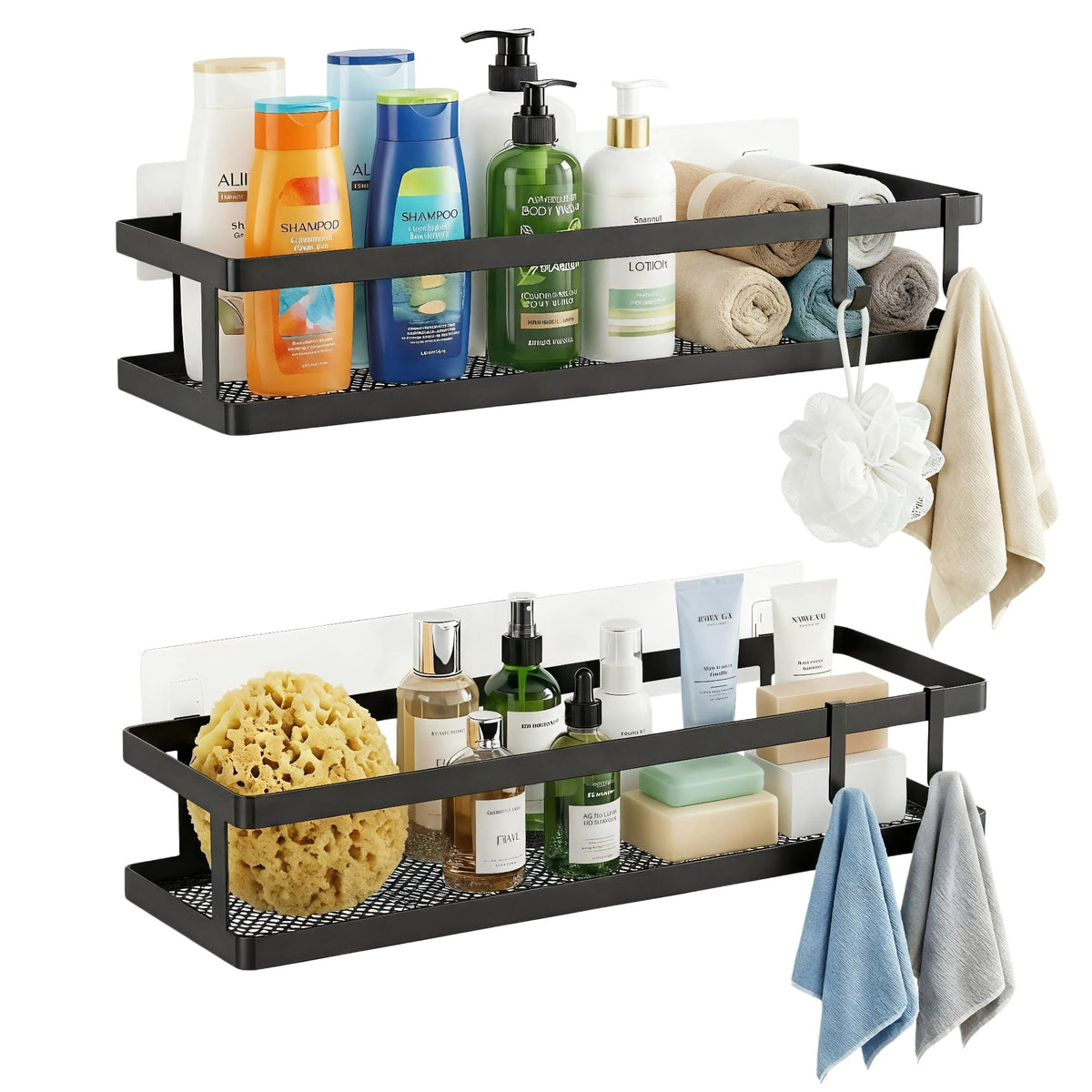 PUSDON Mesh Shower Caddy Wall Mount, Heavy Duty Adhesive Bathroom Shelf Organizer, Rustproof Floating Spice Rack for Kitchen Pantry, Holds 50 LBS, Multi-Purpose Storage Black-2 Packs (Netting)