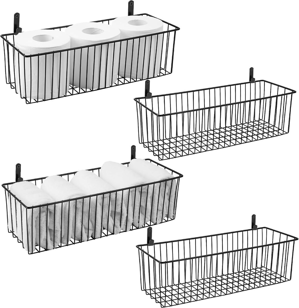 Black Wire Basket Wall Mounted(4 Pack) - Metal Toilet Paper Storage Basket - Rectangular Wire Baskets for organizing Kitchen,Bathroom,Countertop