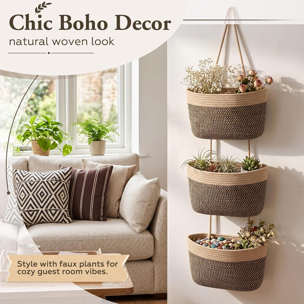 Novabright 3-Tier Hanging Basket Wall Mounted Woven Organizer, Boho Storage
