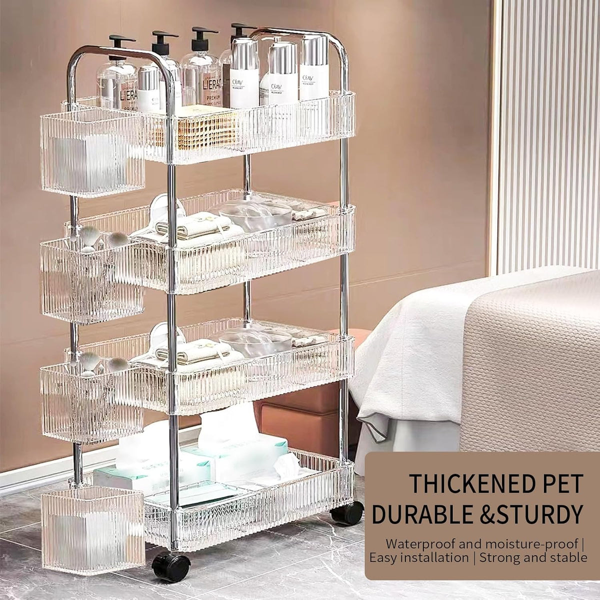 4 Tiers Rolling Storage Cart with Hanging Basket Acrylic Organizer