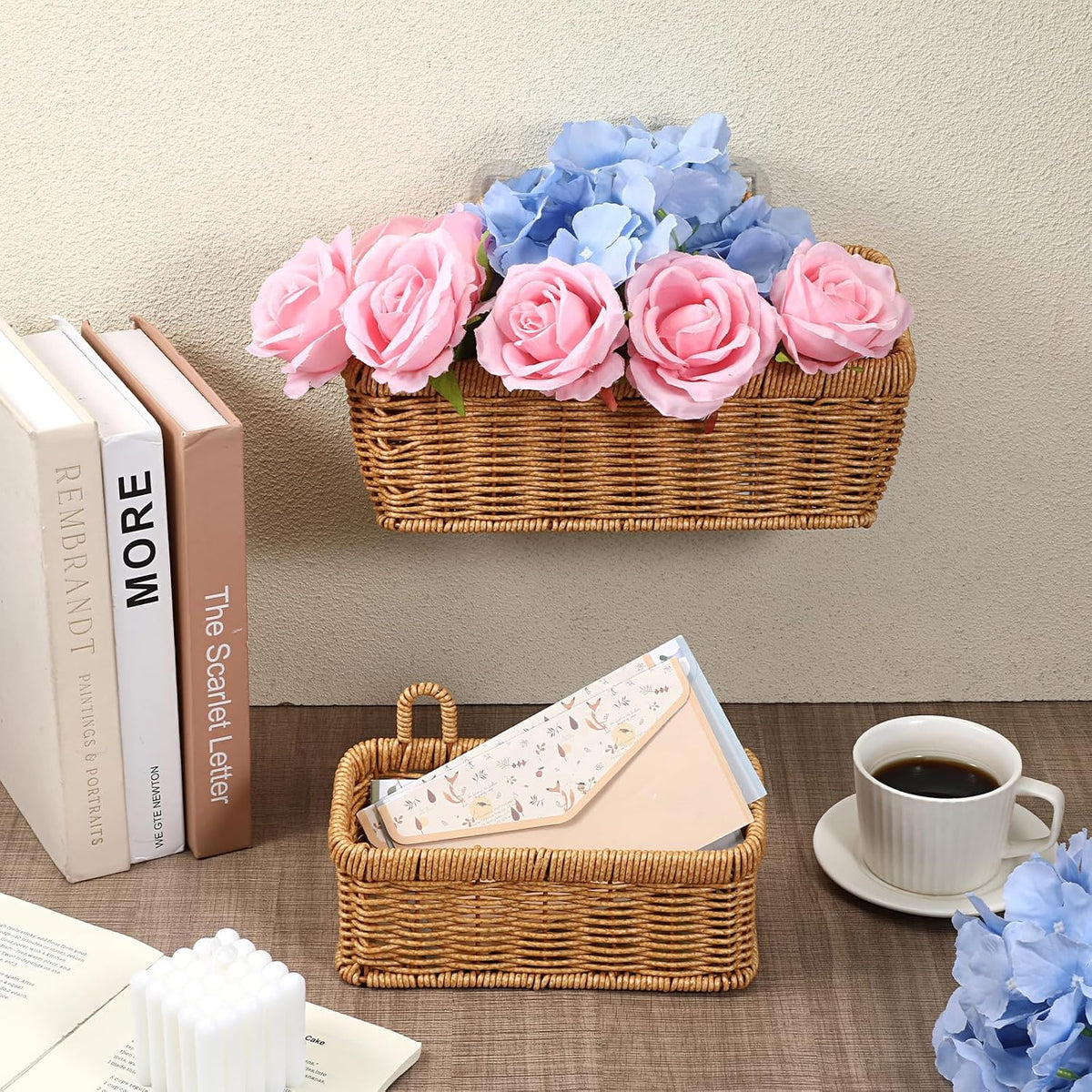 Set of 2 Wall Hanging Baskets, Boho Style Hand-Woven Hanging Storage Basket, Plastic Woven Baskets with Hangers for Kitchen Home Decor Bathroom Living Room (Light Brown, Imitation Rattan Plastic)