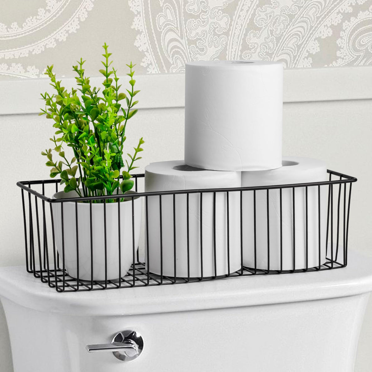 Black Wire Basket Wall Mounted(4 Pack) - Metal Toilet Paper Storage Basket - Rectangular Wire Baskets for organizing Kitchen,Bathroom,Countertop
