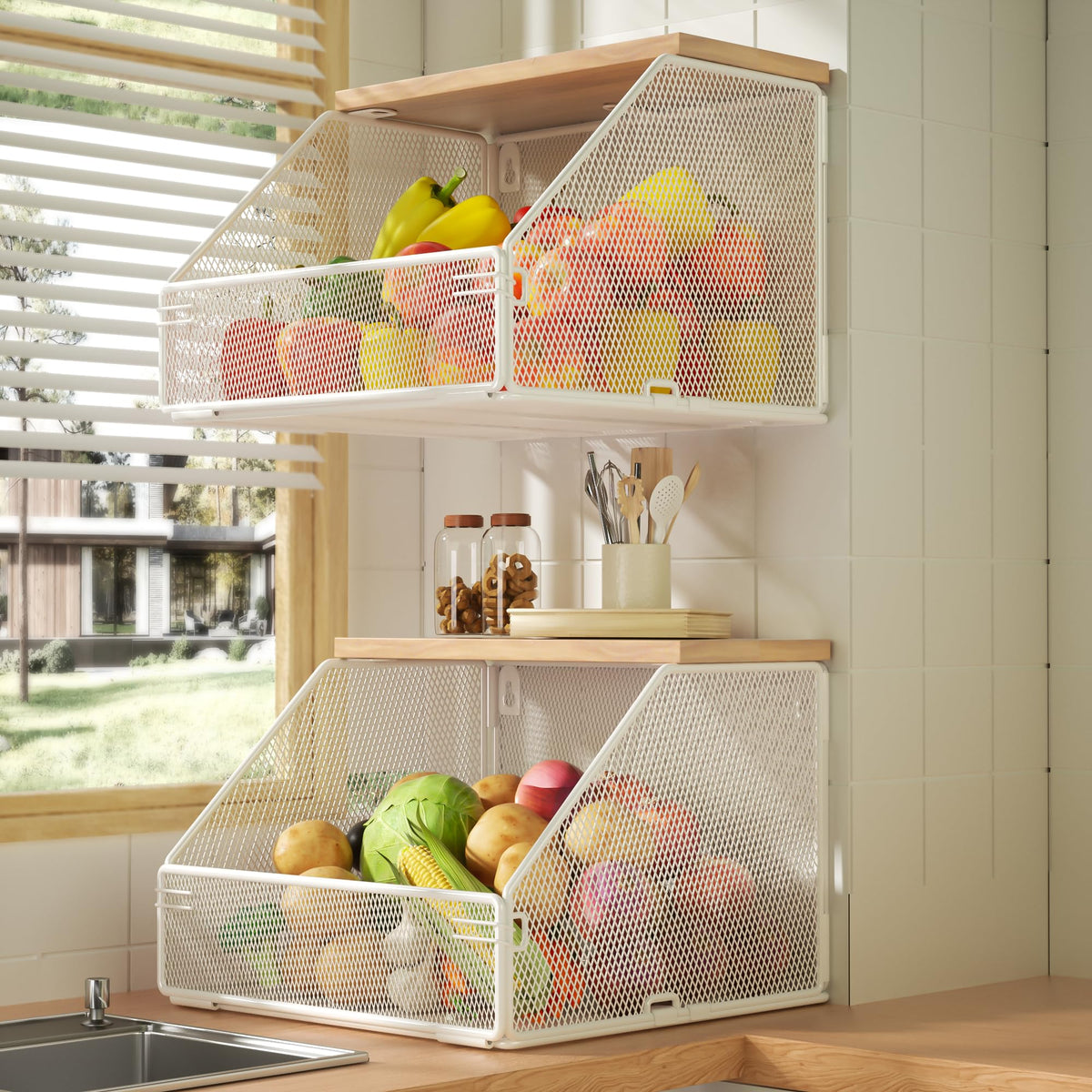 Stackable Fruit Basket for Kitchen Countertop Space Saving, Wall Mounted Mesh Metal Wire Baskets with Wood Lid Extra Storage, 2 Pack Kitchen Counter Organizer for Snack, Onion and Potato Storage