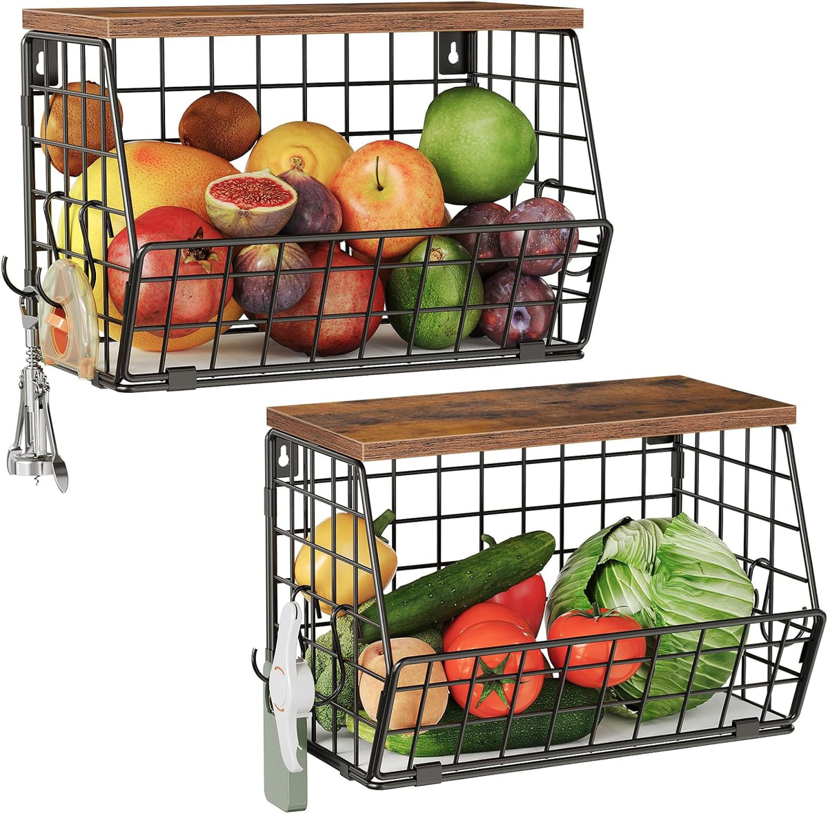 CHOEZON 2-Tier Fruit Basket for Kitchen, Stackable Hanging Basket Wire Baskets with Wooden Lid, Wall-Mounted Kitchen Counter Organizer for Fruit, Vegetable Storage, Rustic Brown and Black TCW02P2BF