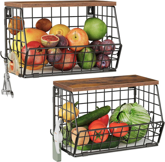 CHOEZON 2-Tier Fruit Basket for Kitchen, Stackable Hanging Basket Wire Baskets with Wooden Lid, Wall-Mounted Kitchen Counter Organizer for Fruit, Vegetable Storage, Rustic Brown and Black TCW02P2BF