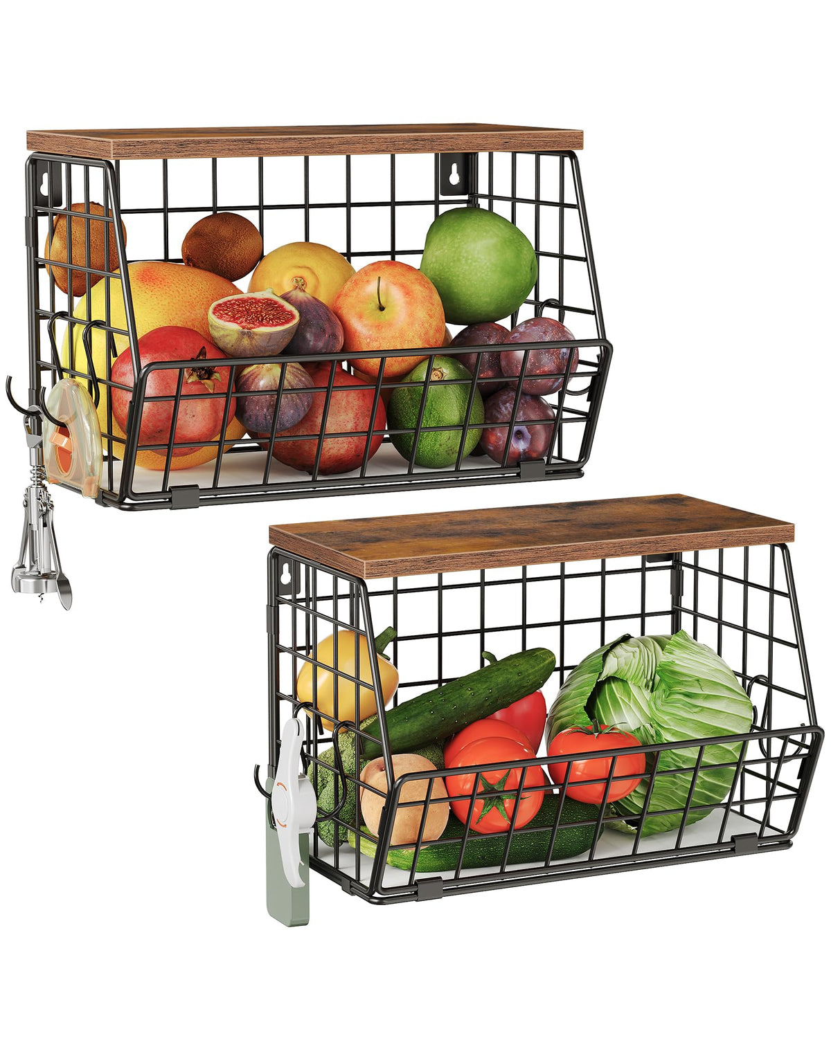 CHOEZON 2-Tier Fruit Basket for Kitchen, Stackable Hanging Basket Wire Baskets with Wooden Lid, Wall-Mounted Kitchen Counter Organizer for Fruit, Vegetable Storage, Rustic Brown and Black TCW02P2BF
