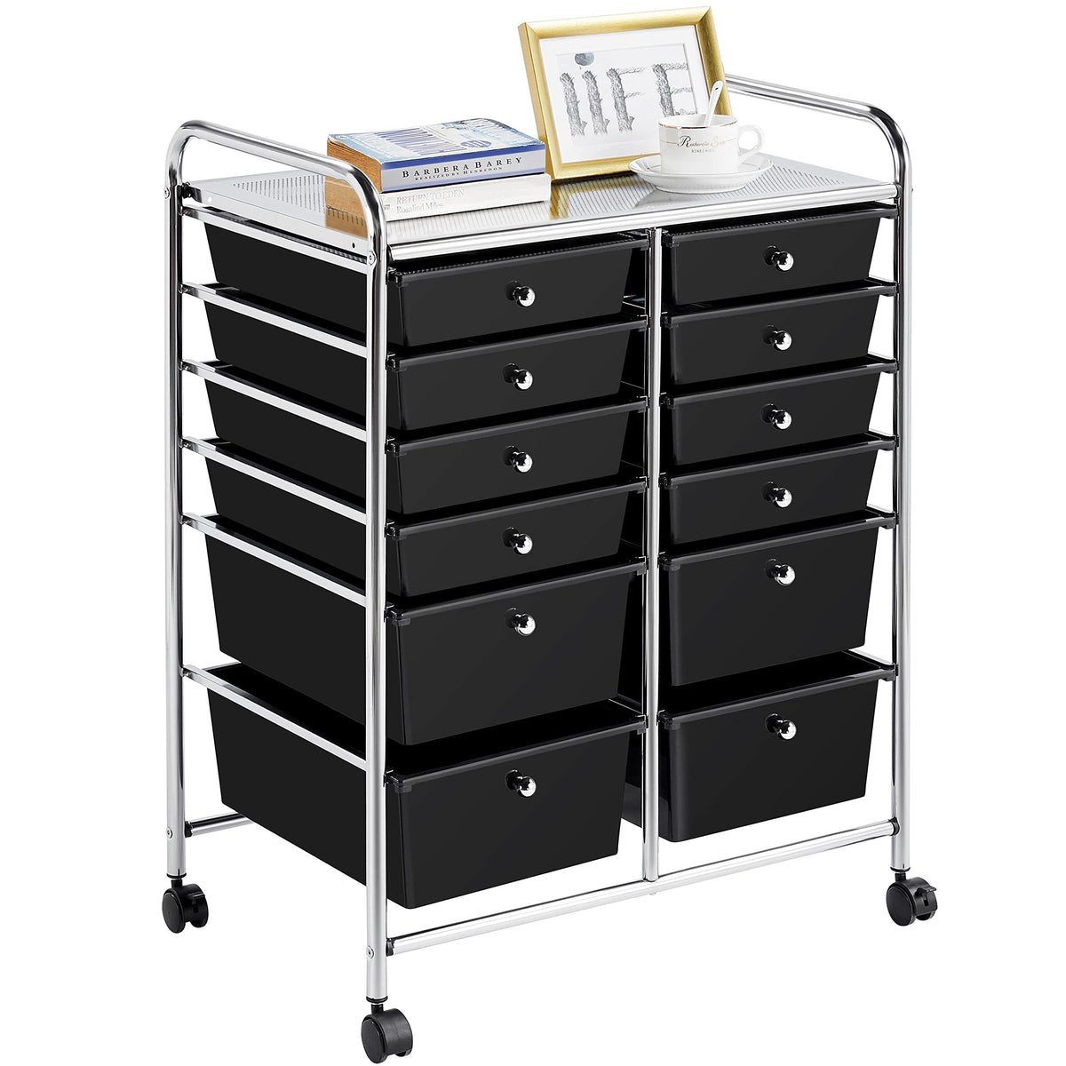 Yaheetech 12-Drawer Rolling Storage Cart on Wheels, Craft Organizer, Black