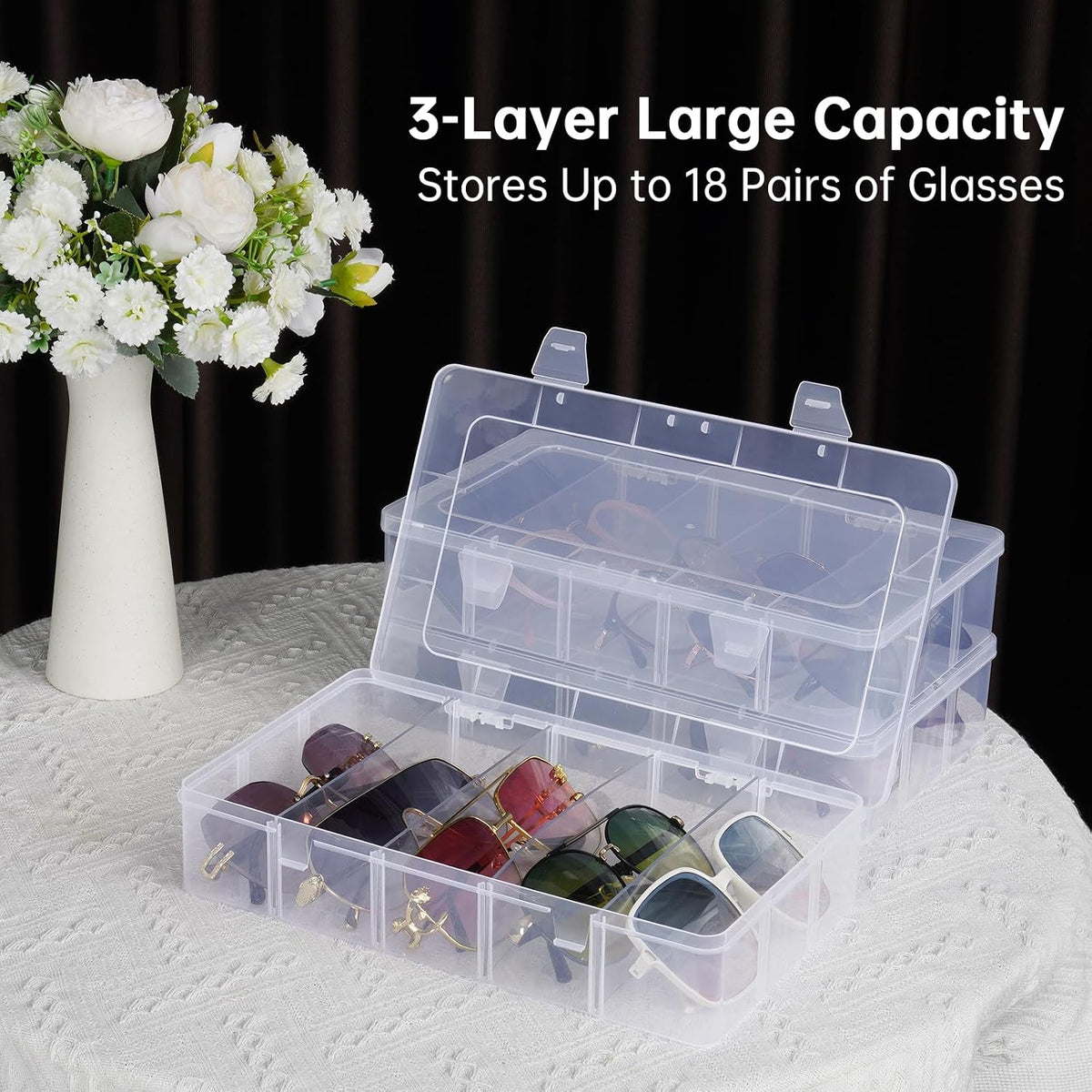 NiHome Sunglasses Organizer Box, Stackable 3-Tier Eyeglass Case, 15 Pairs