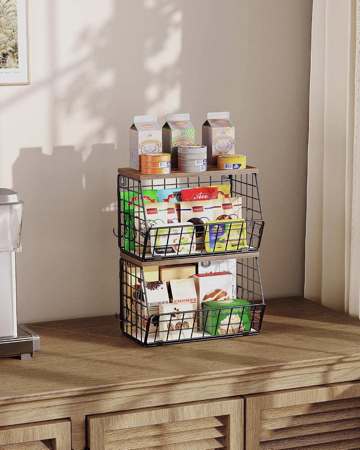 CHOEZON 2-Tier Fruit Basket for Kitchen, Stackable Hanging Basket Wire Baskets with Wooden Lid, Wall-Mounted Kitchen Counter Organizer for Fruit, Vegetable Storage, Rustic Brown and Black TCW02P2BF