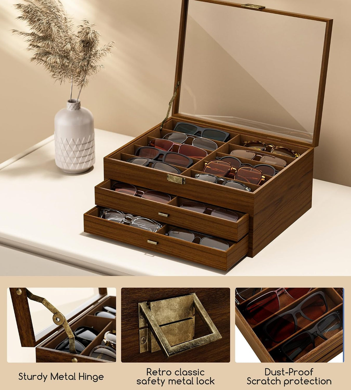 NEWLOOP 10/20/30 Wooden Pattern Sunglass Organizer Multiple Pairs of Eyeglass Ultra-thin Frame Storage Box for Women Men