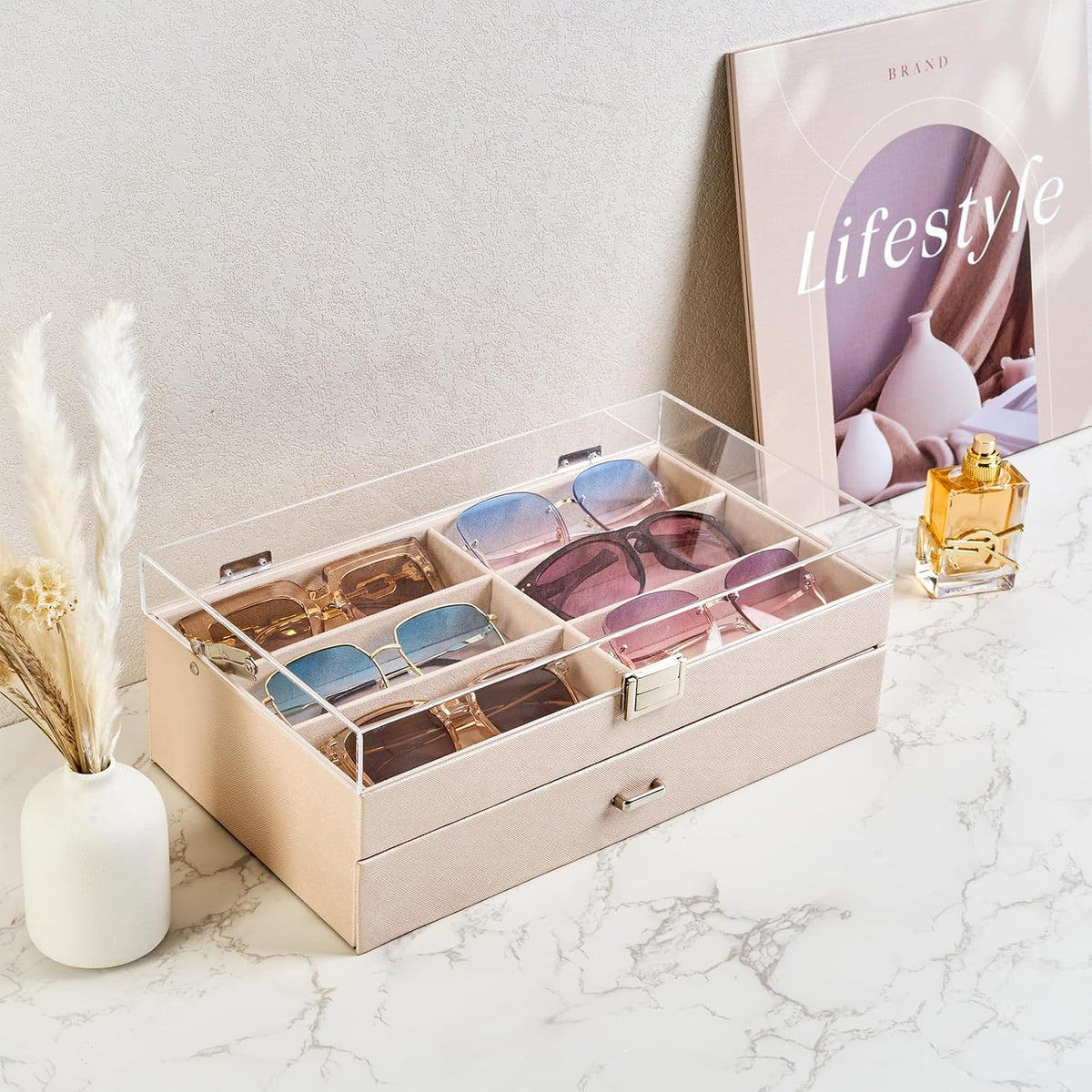 ProCase 12 Slots Acrylic Clear Top Sunglass Organizer, 2 Layers Eyeglasses Case Multi Pairs Storage Eyewear Display Holder with Transparent Lid and Drawer -Champagne