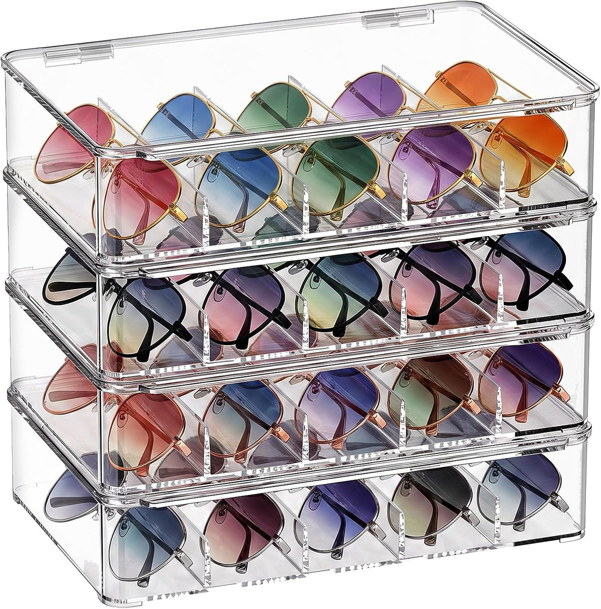 4 Pack Sunglass Organizer, Clear Acrylic Stackable Eyeglass Storage Box Holder, Sunglasses Case Glasses Display Case with Hinged Lid