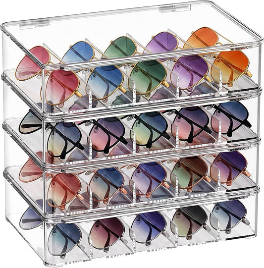 4 Pack Sunglass Organizer, Clear Acrylic Stackable Eyeglass Storage Box Holder, Sunglasses Case Glasses Display Case with Hinged Lid